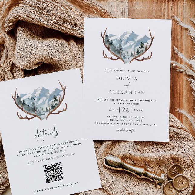 Rustic Mountain Antlers Wedding QR Code Invitation (Creator Uploaded)