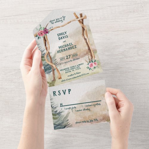 Rustic Mountain Arbor Evergreen Wedding  All In One Invitation