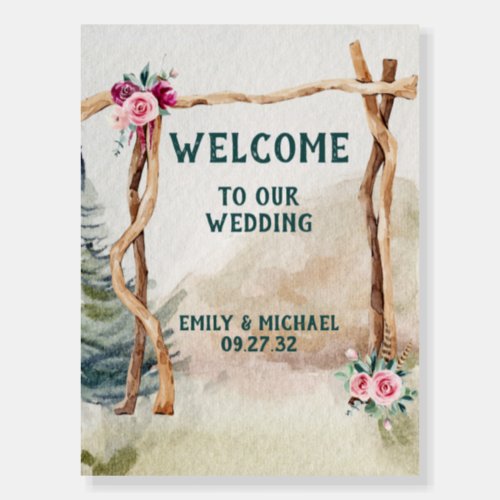 Rustic Mountain Arbor Evergreen Wedding Welcome Foam Board