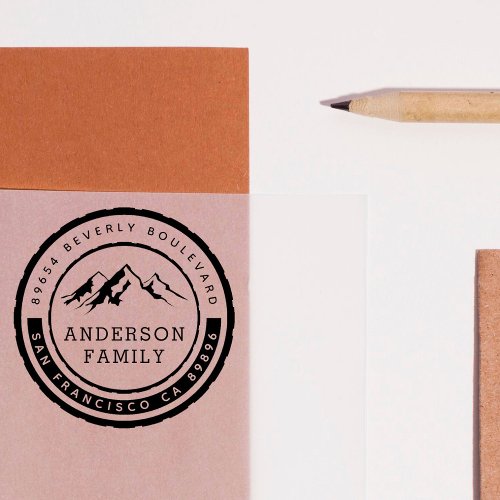 Rustic Mountain Badge Family Name  Return Address Rubber Stamp