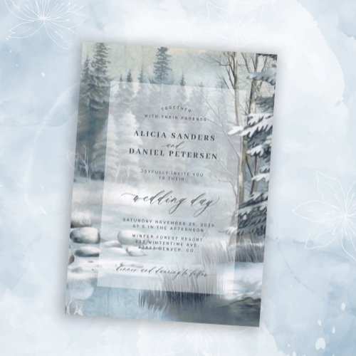 Rustic mountain blue elegant winter wedding invitation