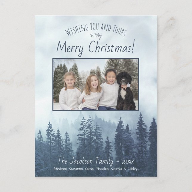 Rustic Mountain Blue Pines Merry Christmas Photo Holiday Postcard (Front)