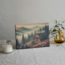 "Rustic Mountain Cabin in Fog – Vintage Forest