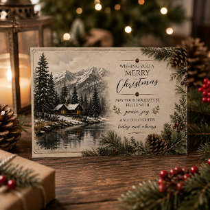 Rustic Mountain Cabin Landscape Christmas Holiday Card