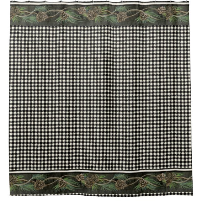 Rustic Mountain Cabin Lodge Black White Pine Cone Shower Curtain (Front)