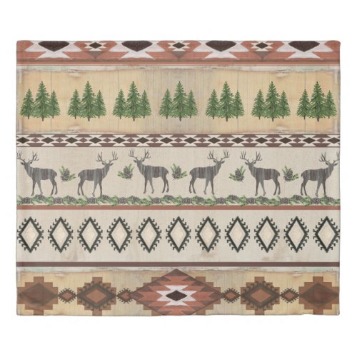Rustic Mountain Cabin Tribal Deer Pine Tree Duvet Cover