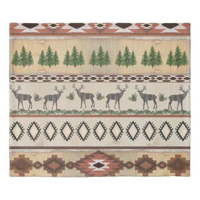 Rustic Mountain Cabin Tribal Deer Pine Tree Duvet Cover (Front)