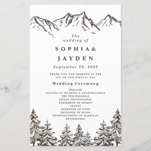 Rustic Mountain Elegant Pine Tree Wedding Programs