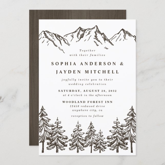 Rustic Mountain Elegant Watercolor Pine Wedding Invitation (Front/Back)