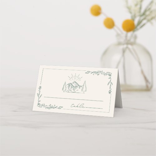 Rustic Mountain Emerald Line Art Wedding Place Card