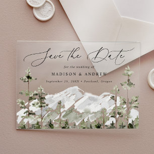 Rustic Mountain Evergreen Forest Save the Date Acrylic Invitations