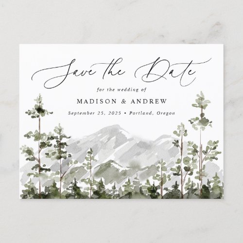 Rustic Mountain Evergreen Forest Save the Date Announcement Postcard