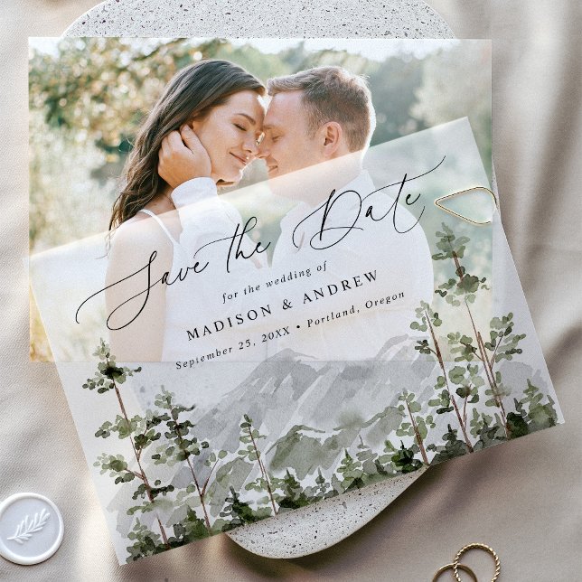 Rustic Mountain Evergreen Forest Save the Date Vellum Invitations (Creator Uploaded)