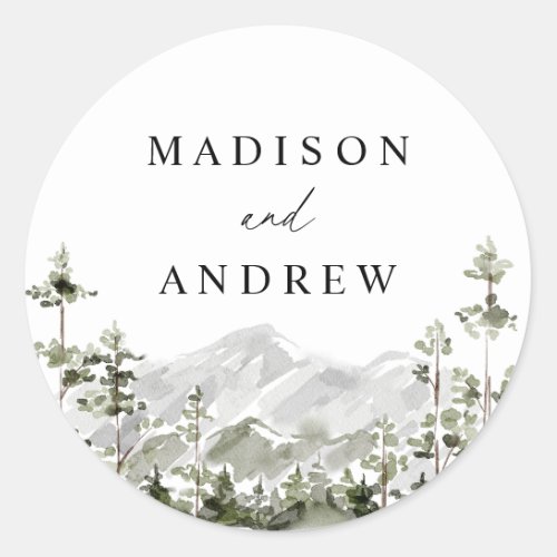 Rustic Mountain Evergreen Forest Wedding Classic Round Sticker