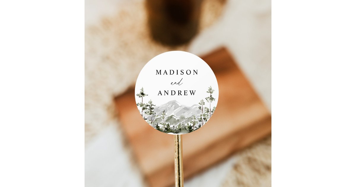 Rustic Mountain Evergreen Forest Wedding Classic Round Sticker | Zazzle
