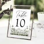 Rustic Mountain Evergreen Forest Wedding Table Number<br><div class="desc">Rustic wedding table cards featuring black modern lettering with "Table" displayed in elegant calligraphy script. A beautiful landscape of watercolor evergreen trees and mountains is displayed at the bottom of the table card. The design repeats on the back. To order the table cards: add your name, wedding date, and table...</div>