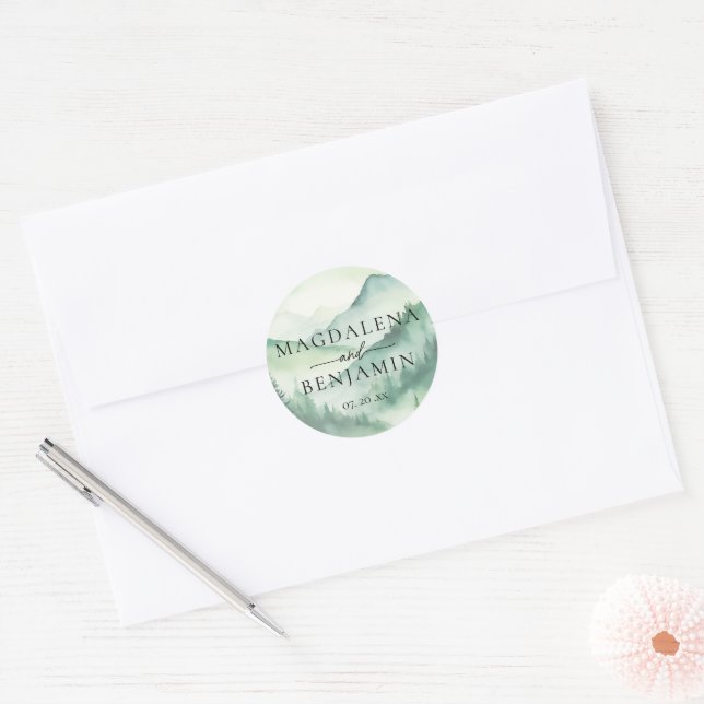 Rustic Mountain Evergreen Pine Fir Trees Wedding Classic Round Sticker (Envelope)