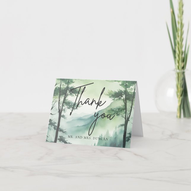 Rustic Mountain Evergreen Pine Fir Trees Wedding Letterpress Thank You Card (Front)