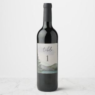 Rustic Mountain Evergreen Wedding Table Number Wine Label