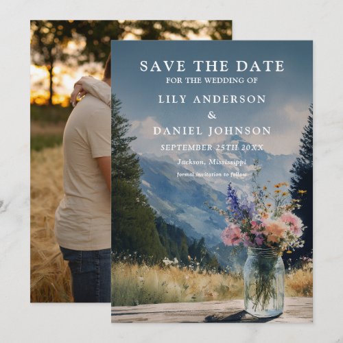Rustic Mountain Floral Mason Jar Photo Wedding Save The Date