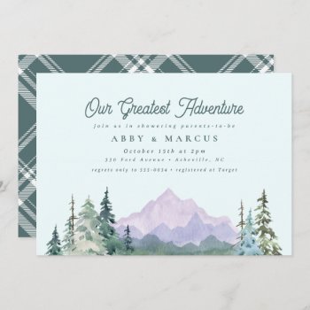 Rustic Mountain Forest Adventure Green Baby Shower Invitation by BohemianWoods at Zazzle