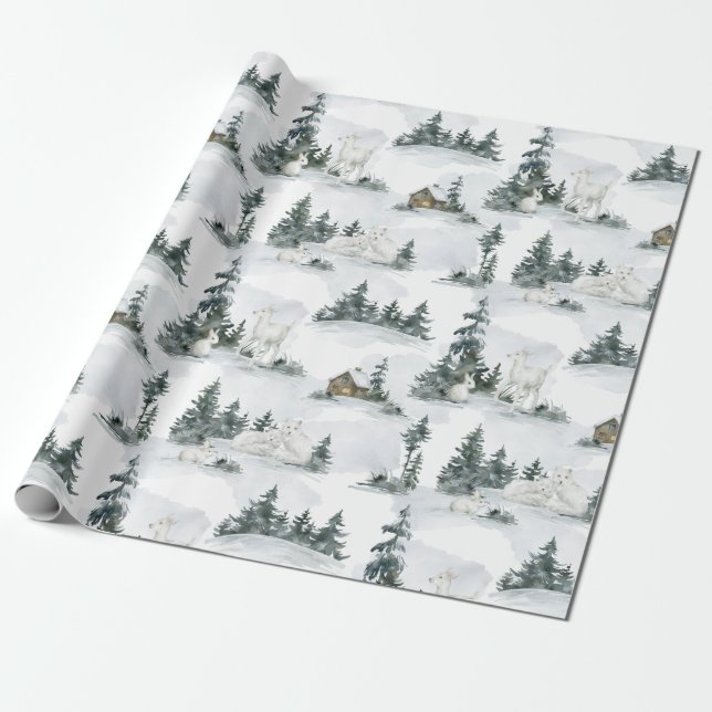 Rustic Mountain Forest Animal Cabin Christmas Gift Wrapping Paper (Unrolled)