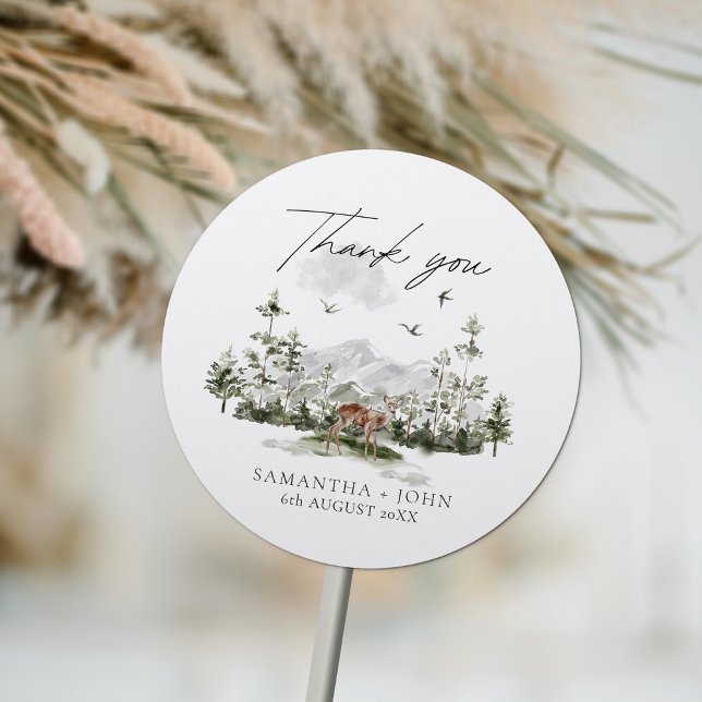 Rustic Mountain Forest Boho Evergreen Wedding Classic Round Sticker (Creator Uploaded)