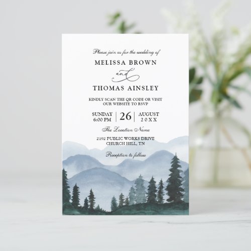 Rustic Mountain Forest Budget QR Code Wedding Invitation