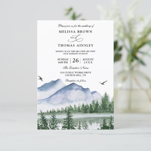 Rustic Mountain Forest Budget QR Code Wedding Invitation