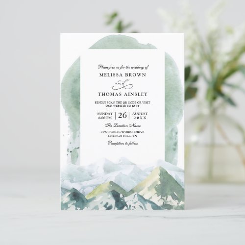 Rustic Mountain Forest Budget QR Code Wedding Invitation