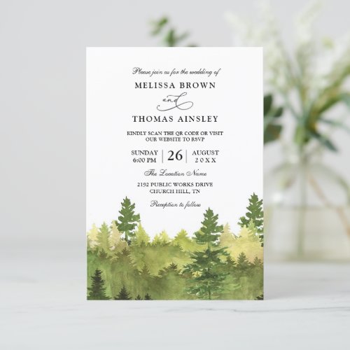 Rustic Mountain Forest Budget QR Code Wedding Invitation