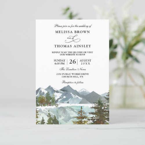 Rustic Mountain Forest Budget QR Code Wedding Invitation