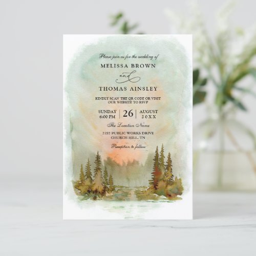 Rustic Mountain Forest Budget QR Code Wedding Invitation