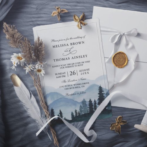 Rustic Mountain Forest Budget QR Code Wedding Invitation