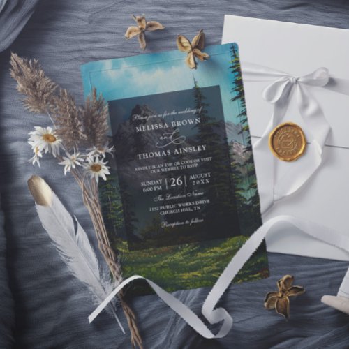 Rustic Mountain Forest Budget QR Code Wedding Invitation