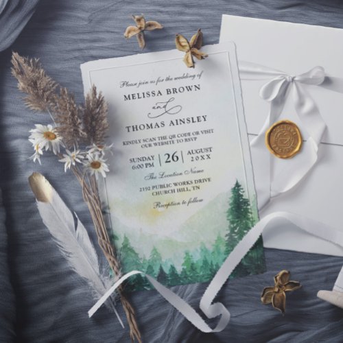 Rustic Mountain Forest Budget QR Code Wedding Invitation