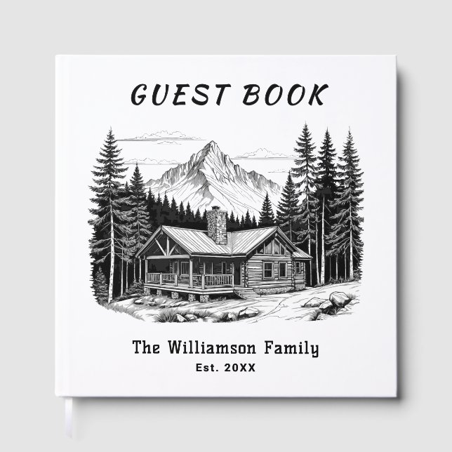 Rustic Mountain Forest Cabin Custom Family Name Guest Book (Front)