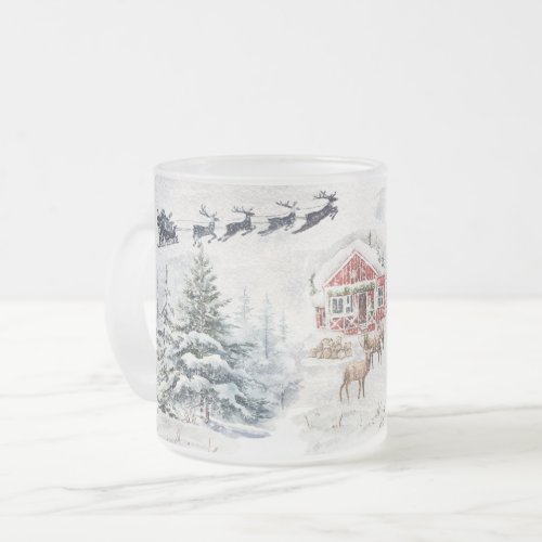 Rustic Mountain Forest Christmas Cabin Scene Frosted Glass Coffee Mug