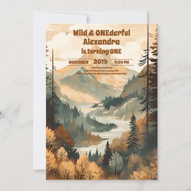 Rustic Mountain Forest Evergreen 1st Birthday Invitation (Front)