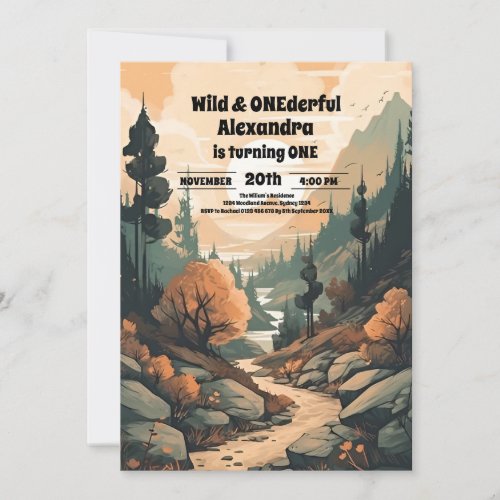 Rustic Mountain Forest Evergreen 1st Birthday Invitation