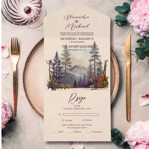 Rustic Mountain Forest Evergreen Tree Wedding All In One Invitation