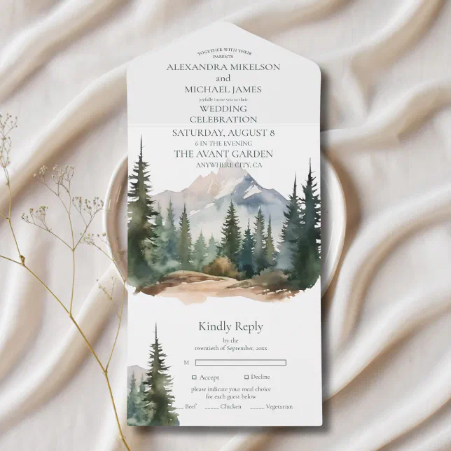 Tree Top Invitations Rustic Mountain Forest Evergreen Tree Wedding All In One Invitation ...