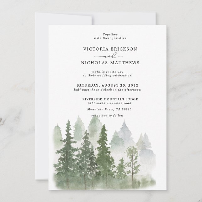 Rustic Mountain Forest Evergreen Tree Wedding Invi Invitation (Front)