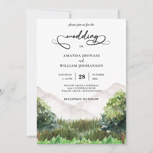 Rustic Mountain Forest Evergreen Tree Wedding Invitation