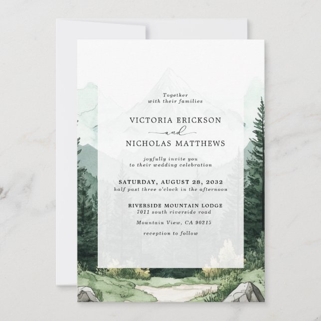 Rustic Mountain Forest Evergreen Tree Wedding Invitation (Front)