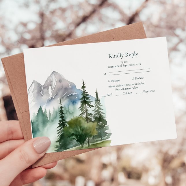 Rustic Mountain Forest Evergreen Tree Wedding RSVP Card (Creator Uploaded)