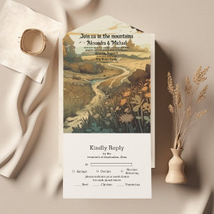 Rustic Mountain Forest Evergreen Wedding All In One Invitation