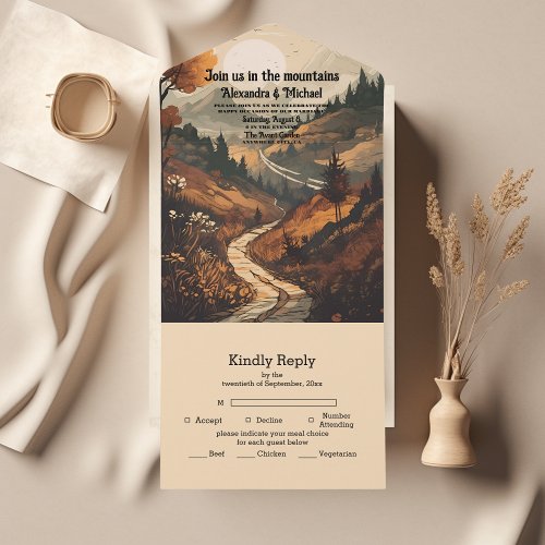 Rustic Mountain Forest Evergreen Wedding All In One Invitation