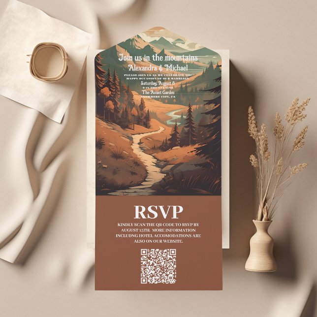Rustic Mountain Forest Evergreen Wedding QR Code All In One Invitation (Creator Uploaded)