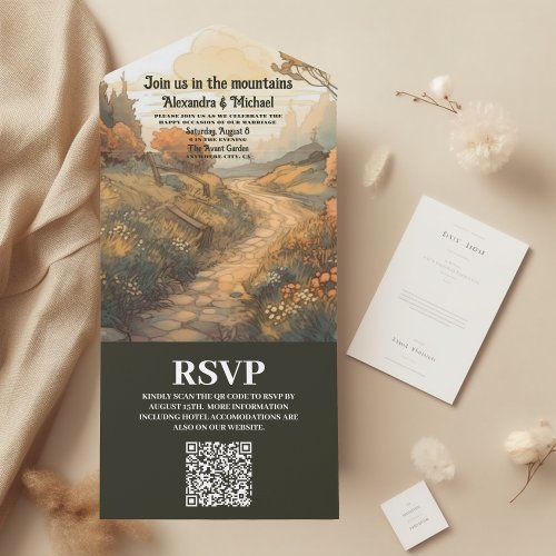 Rustic Mountain Forest Evergreen Wedding QR Code All In One Invitation
